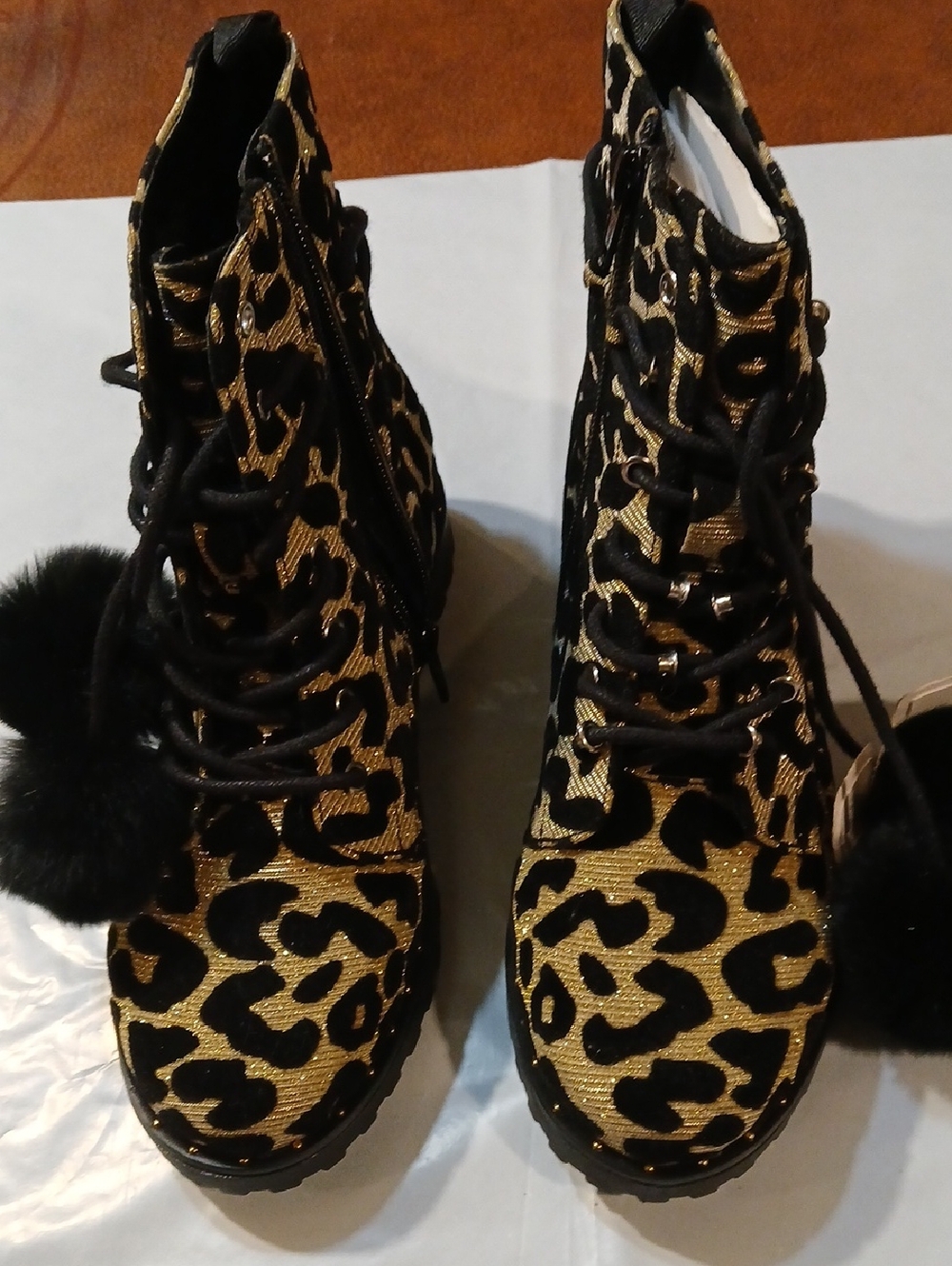 GB girls Gold and Black Leopard Lace-Up Kids Boots with Pom